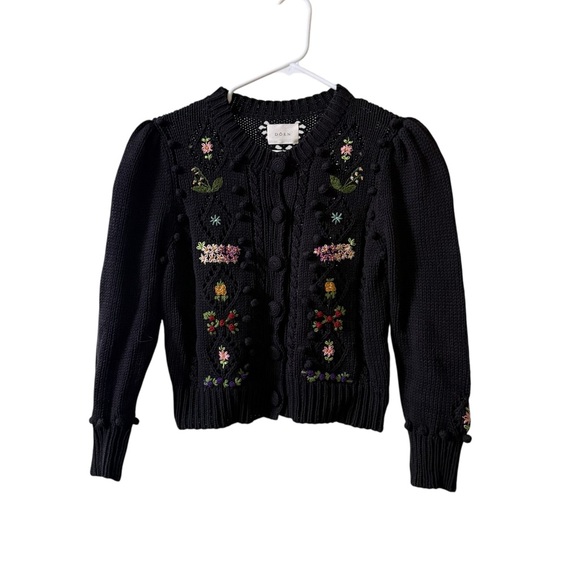 DOEN Forget Me Not Embroidered Cable Knit Cardigan Sweater in Black Sz S - Picture 3 of 8